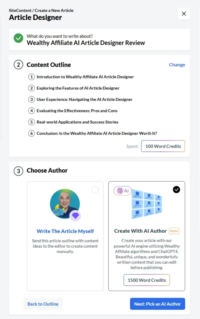 Wealthy Affiliate AI Article Designer Review - Article Designer - Choose Author option