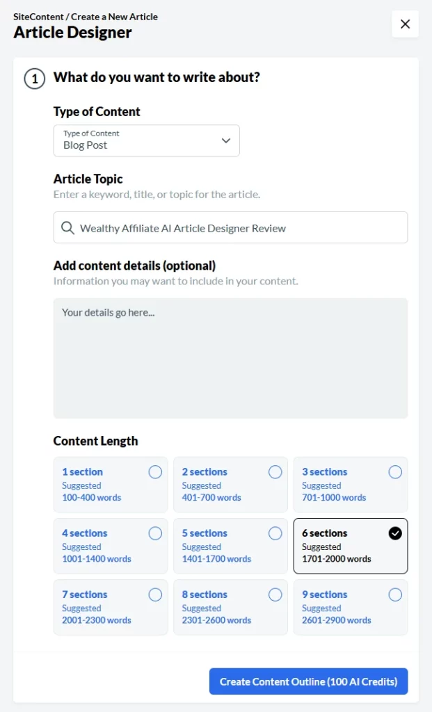 Wealthy Affiliate AI Article Designer Review - Create Outline