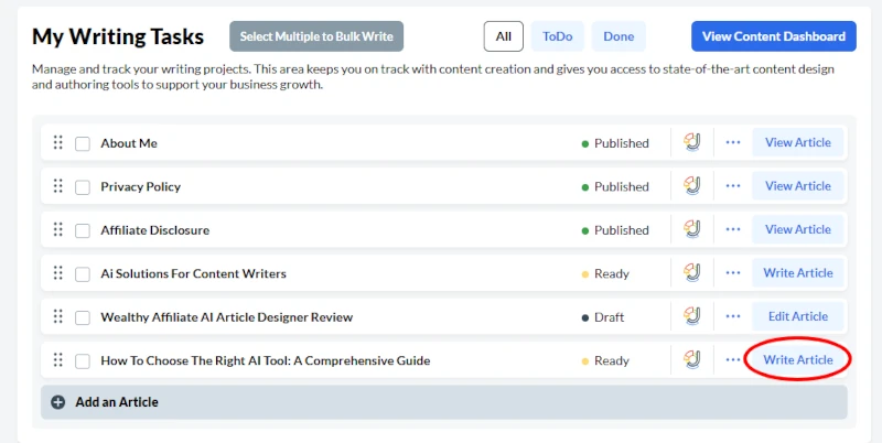 Wealthy Affiliate AI Article Designer Review - My Writing Tasks section - Write Article option