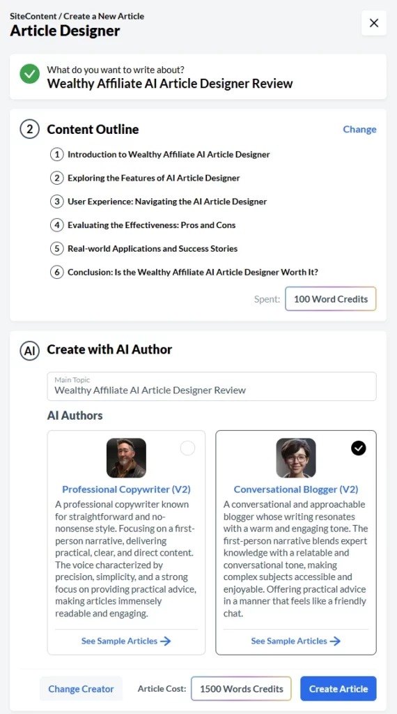 Wealthy Affiliate AI Article Designer Review - Writing Style options - Professional or Conversational